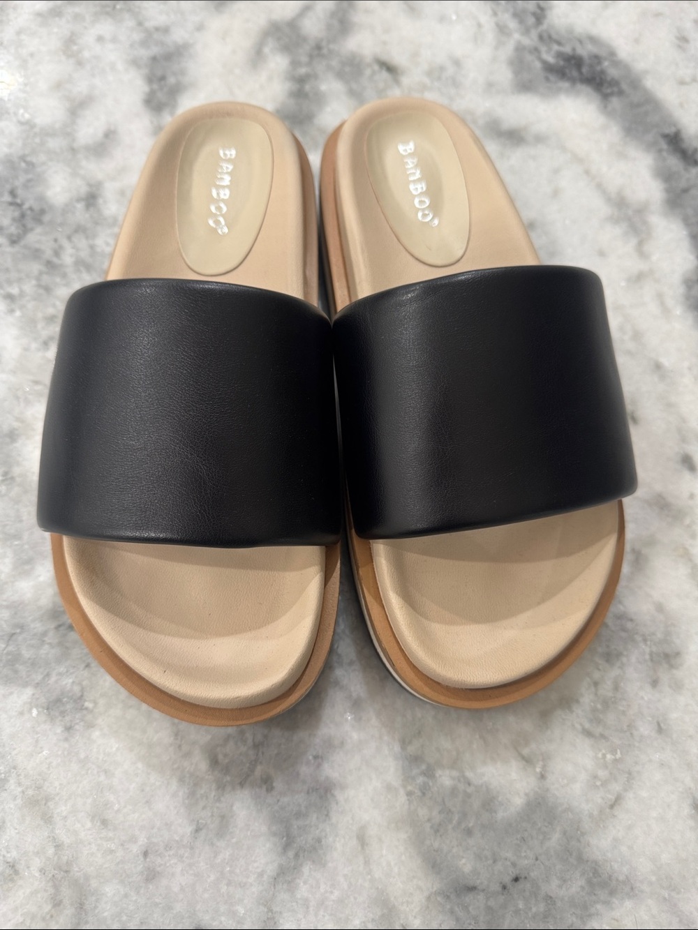 BAMBOO Black Wide-Band Slide Sandals with Neutral Footbed
